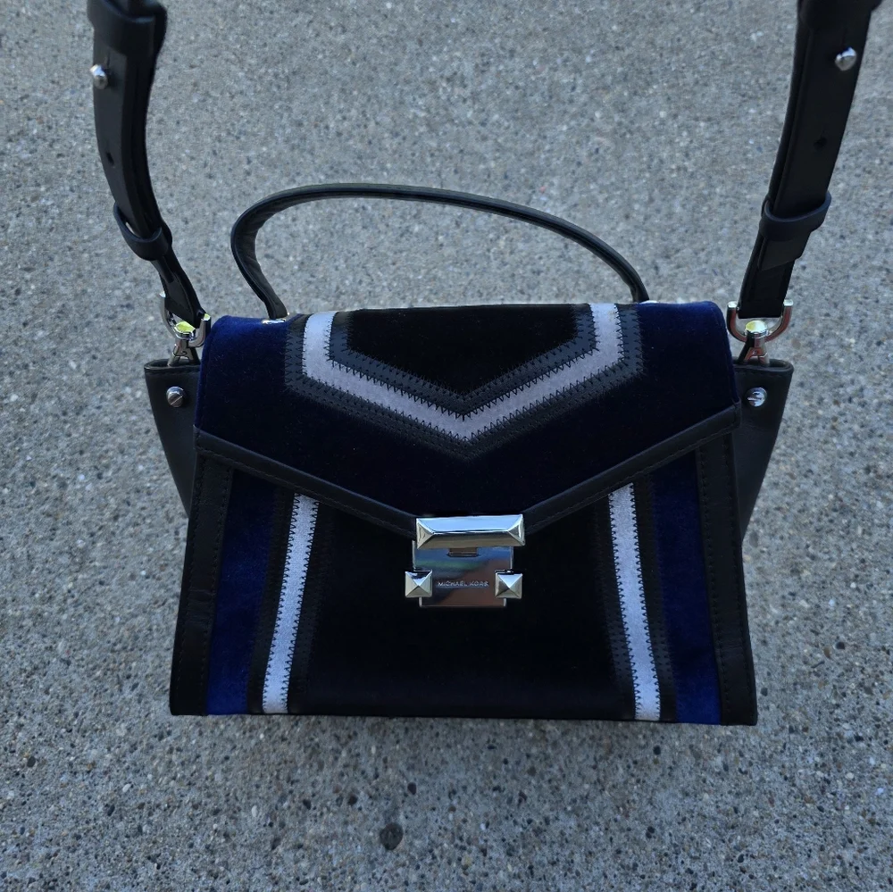 Michael Kors Stylish Black and Blue Velvet Original Leather Handbag Medium